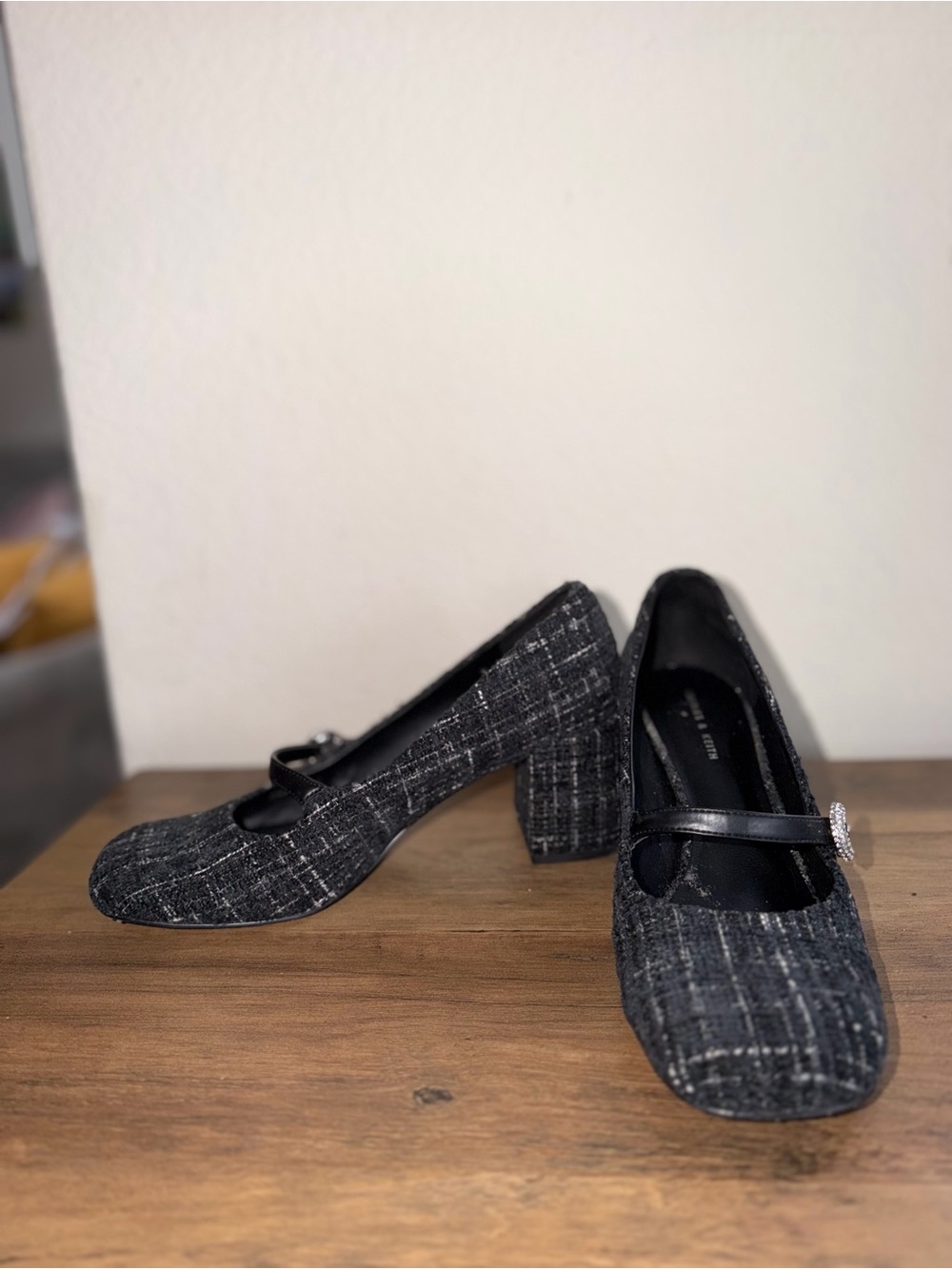 Charles & Keith Black Tweed Mary Jane Block Heels